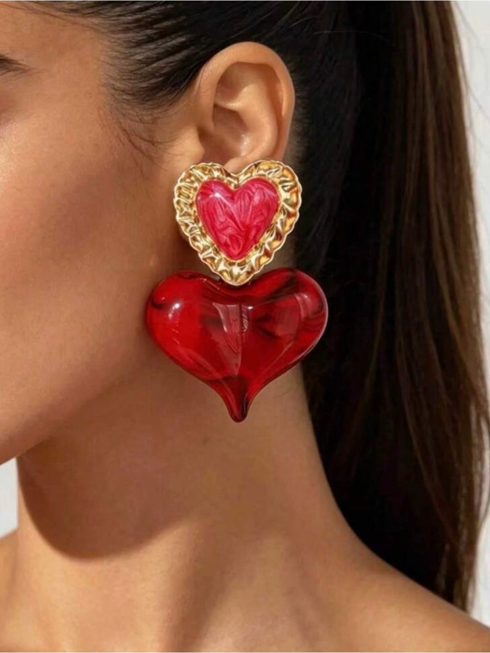 Gold and Red Heart Drop Earrings - Statement Women’s Jewelry